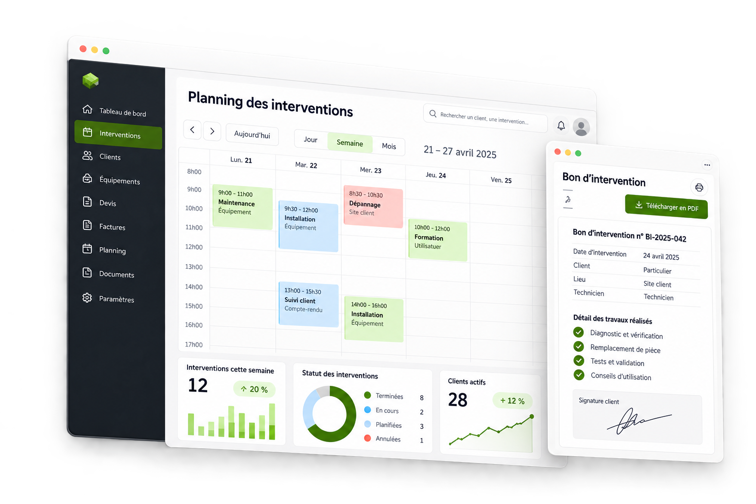 Illustration d'une interface de planning et de gestion des interventions